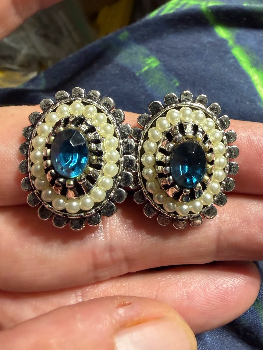 Vintage Blue Gem and Pearl Silver-Tone Clip Earrings tv